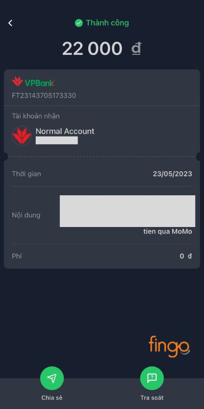 Giao diện hiển thị các thông tin về giao dịch đã thực hiện
