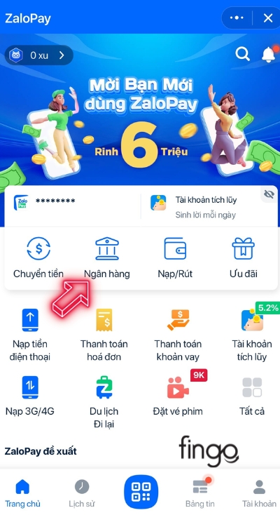 Nhấn chọn mục ngân hàng trên màn hình chính