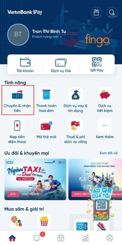 Chọn tính năng chuyển khoản