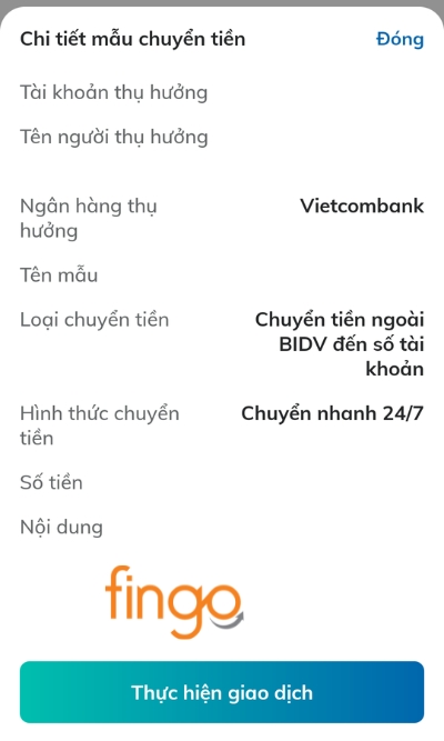 Mẫu chuyển tiền BIDV trên ứng dụng SmartBanking BIDV