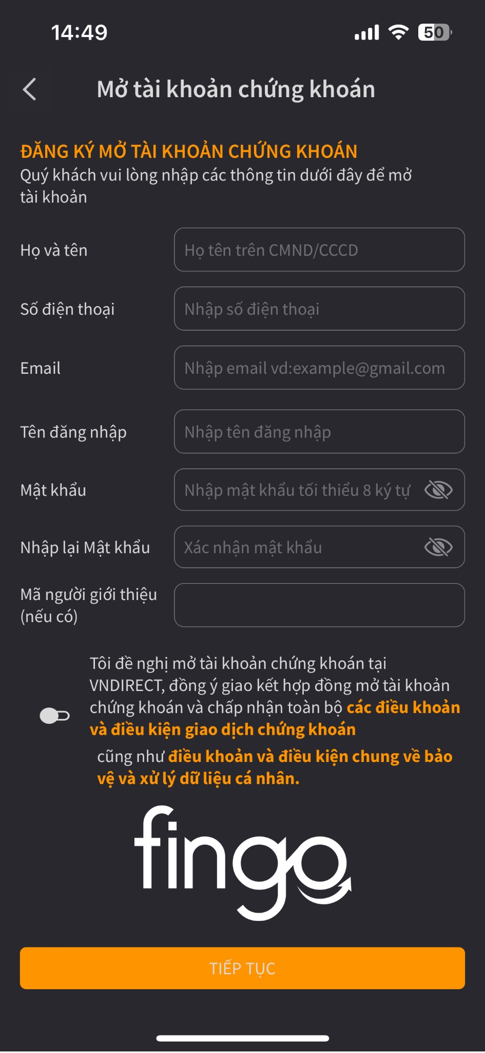 Cách mở tài khoản chứng khoán VNDirect bước 2