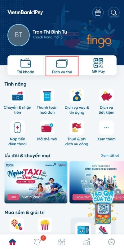 Vào dịch vụ thẻ