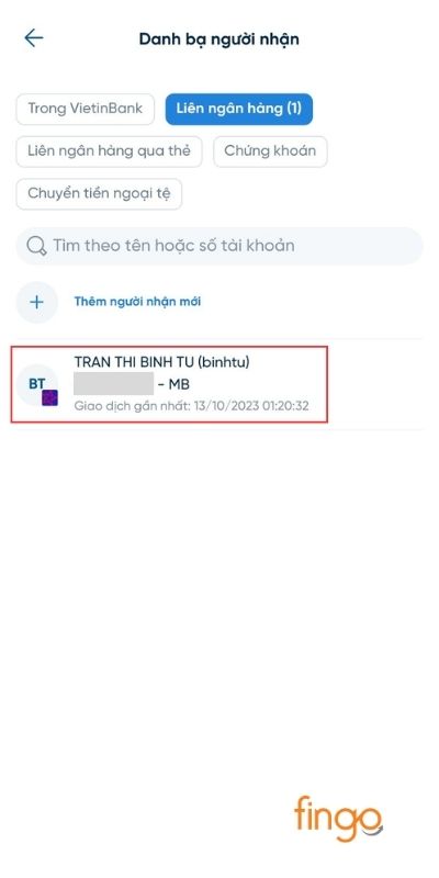 Nhấn vào tài khoản thụ hưởng bạn muốn sửa và vuốt sang trái