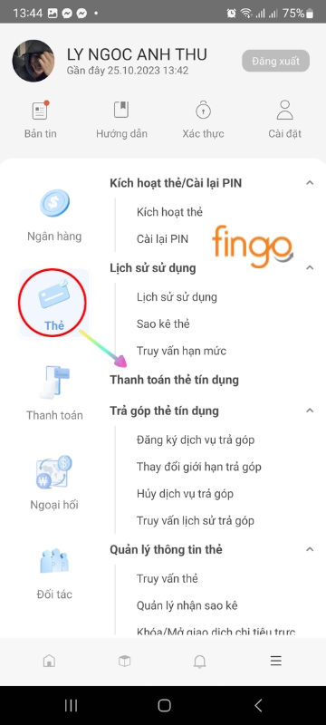 Chọn "Thẻ" > Chọn "Thanh toán thẻ tín dụng".