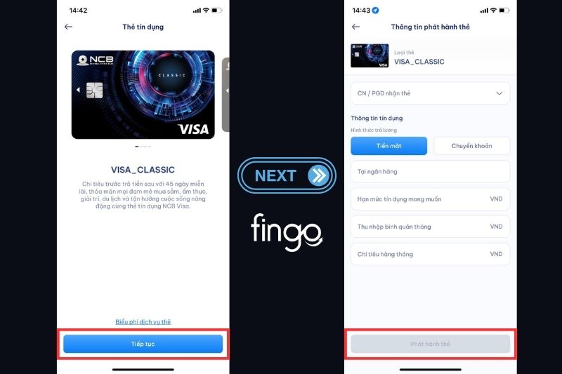 Chọn thẻ "VISA CLASSIC" và "Tiếp tục". Nhập đầy đủ thông tin và chọn "Phát hành thẻ"