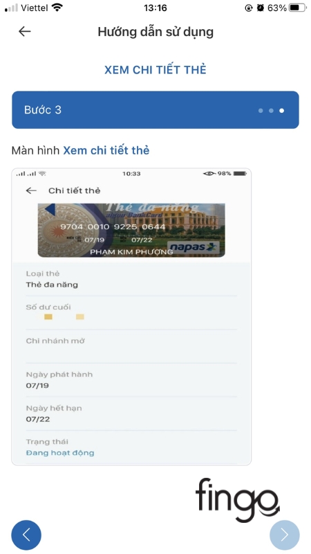 Màn hình sẽ hiện đầy đủ thông tin thẻ SaiGonBank của bạn