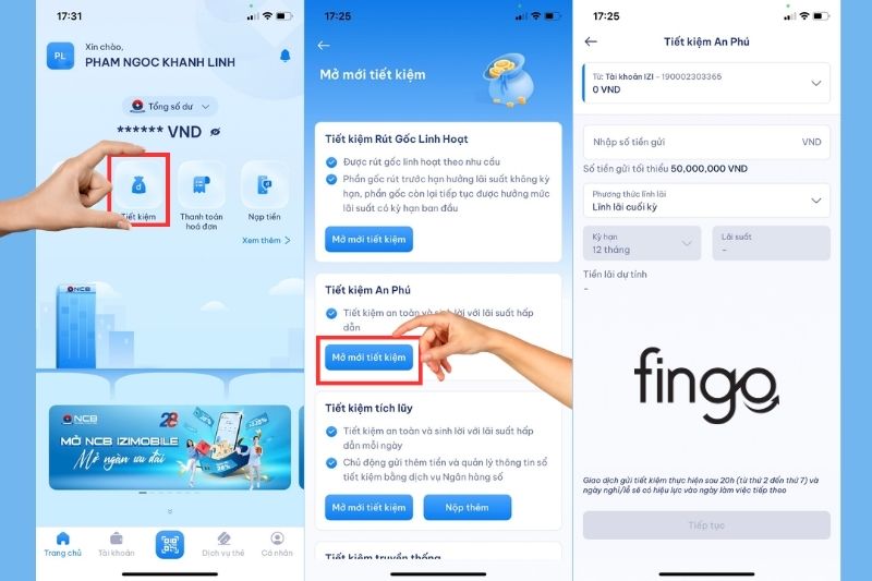 3 bước trên ứng dụng NCB iziMobile để mở Tiết kiệm An Phú