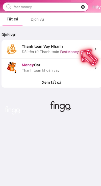 Nhấn tìm Fast Money trên MoMo