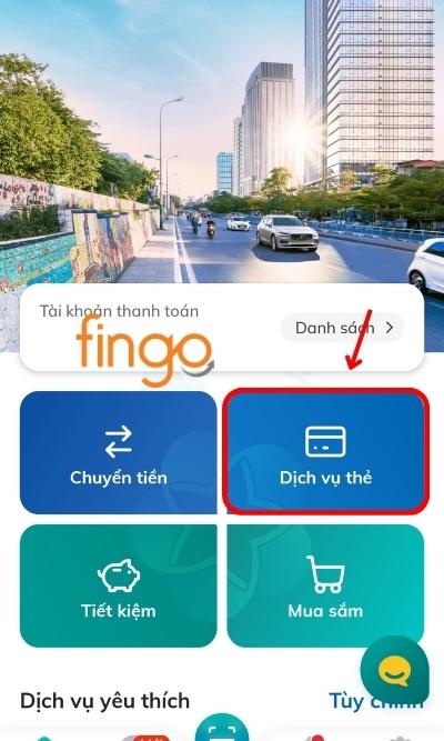 Đăng nhập ứng dụng SmartBanking BIDV. Chọn mục Dịch vụ thẻ