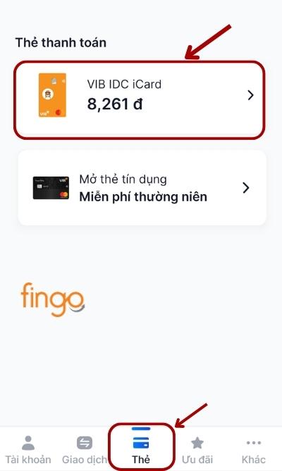 Đăng nhập ứng dụng, chọn mục Thẻ. Sau đó chọn loại thẻ mà khách hàng muốn tra cứu