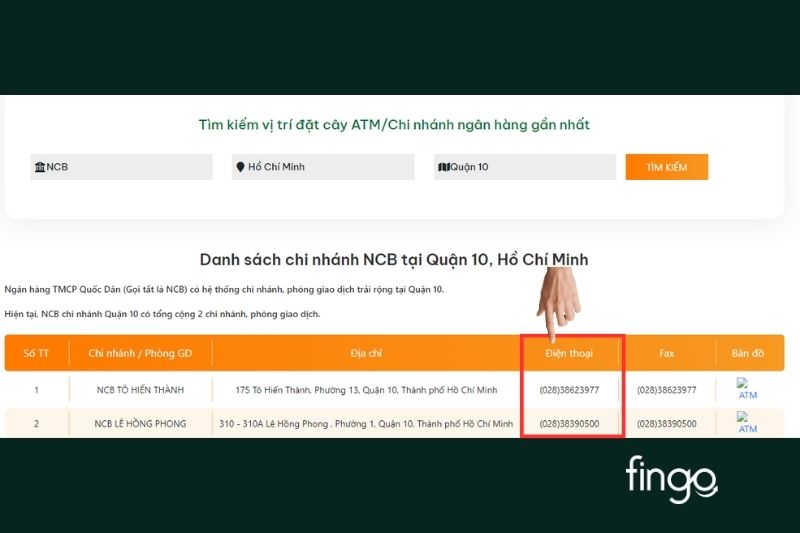 Hiển thị thông tin về tên chi nhánh/ phòng giao dịch, địa chỉ và số điện thoại của chi nhánh NCB
