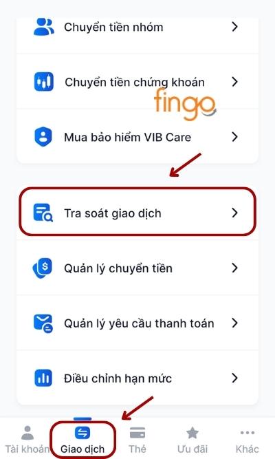 Đăng nhập ứng dụng, chọn mục Giao dịch