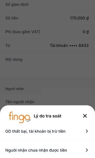 Tại màn hình chi tiết giao dịch, khách hàng chọn Tra soát và chọn Lý do tra soát trong popup