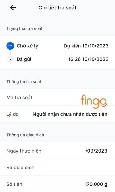 Sau khi chọn, màn hình sẽ hiển thị các thông tin trạng thái tra soát