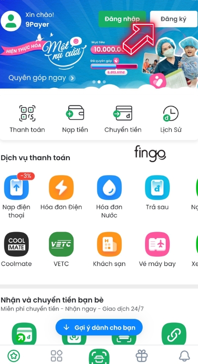 Nhấn chọn đăng ký trên màn hình chính