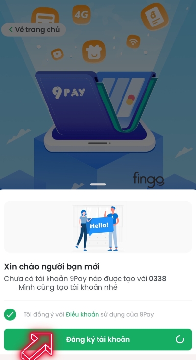 Nhấn chọn tiếp tục sau khi đã đồng ý với điều khoản