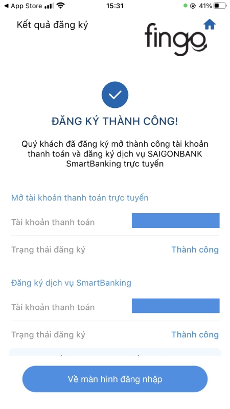 Xác nhận đăng ký thành công tài khoản ngân hàng SaigonBank