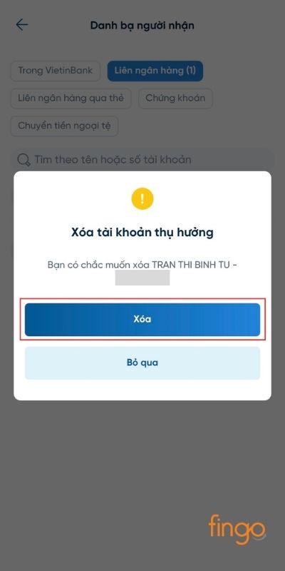 Tiếp tục nhấn Xóa để thực hiện giao dịch