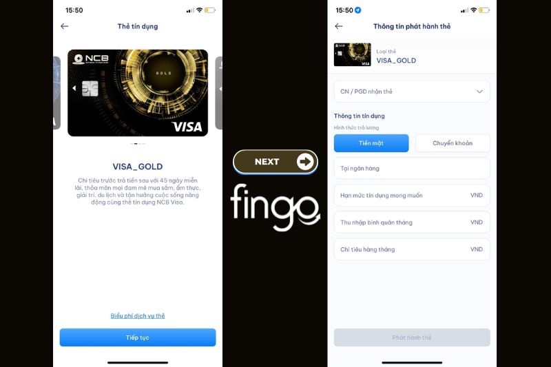 Chọn thẻ "VISA GOLD" và "Tiếp tục". Nhập đầy đủ thông tin và chọn "Phát hành thẻ"
