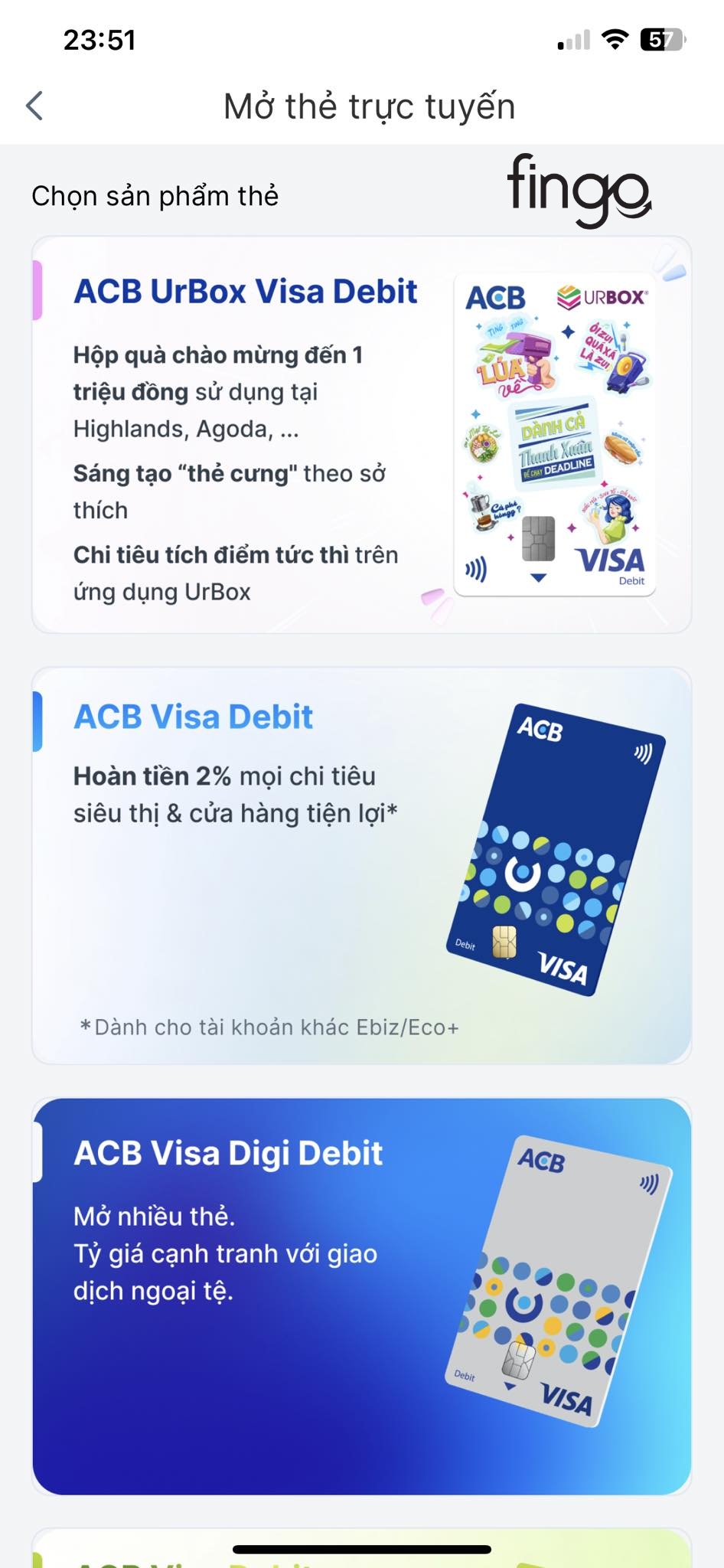 Chọn sản phẩm thẻ muốn mở