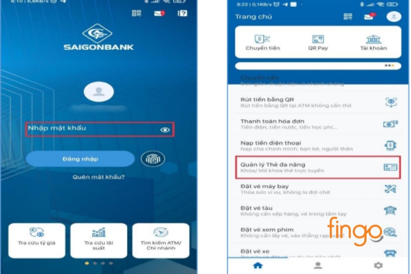 Chọn chức năng quản lý thẻ
