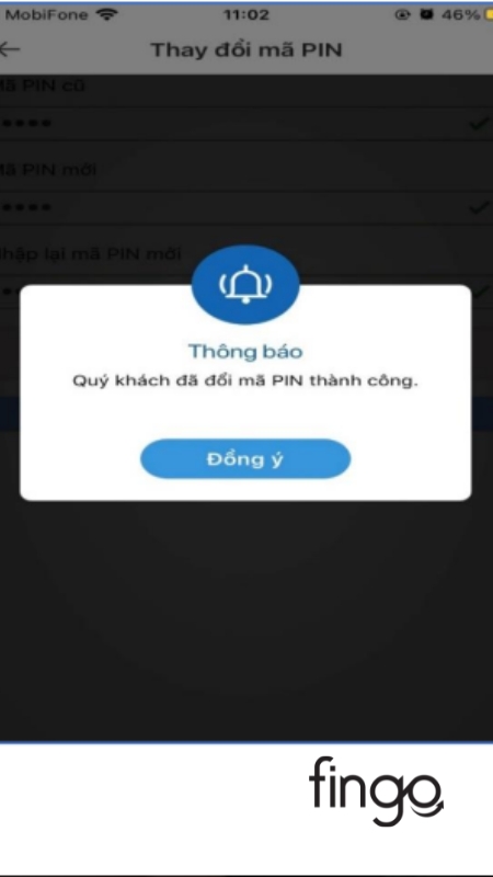 Hệ thống thông báo đổi mã PIN thành công