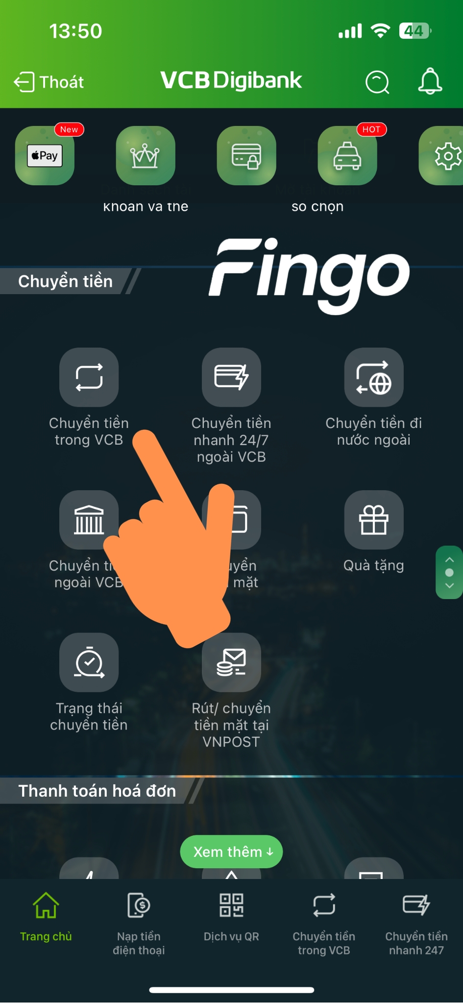 Cách chuyển tiền trong Vietcombank bước 1
