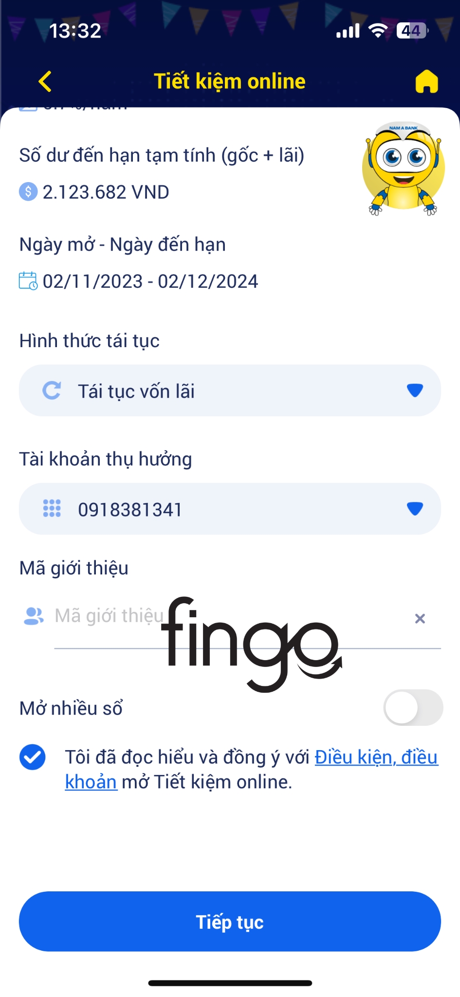 Cách gửi tiết kiệm online Nam A Bank bước 5