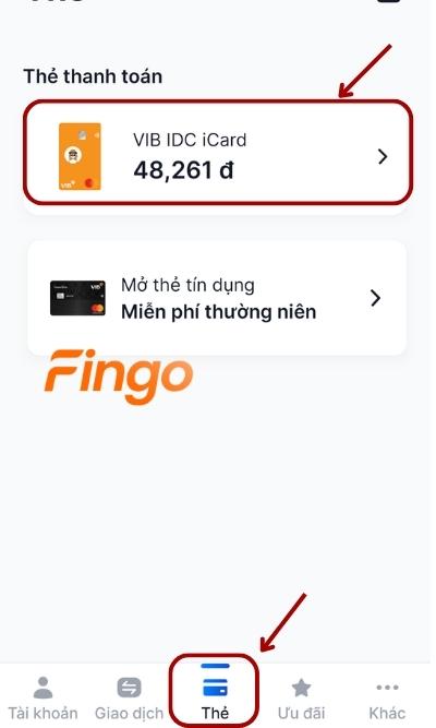 Đăng nhập ứng dụng MyVIB. Sau đó chọn mục Thẻ tại thanh Menu