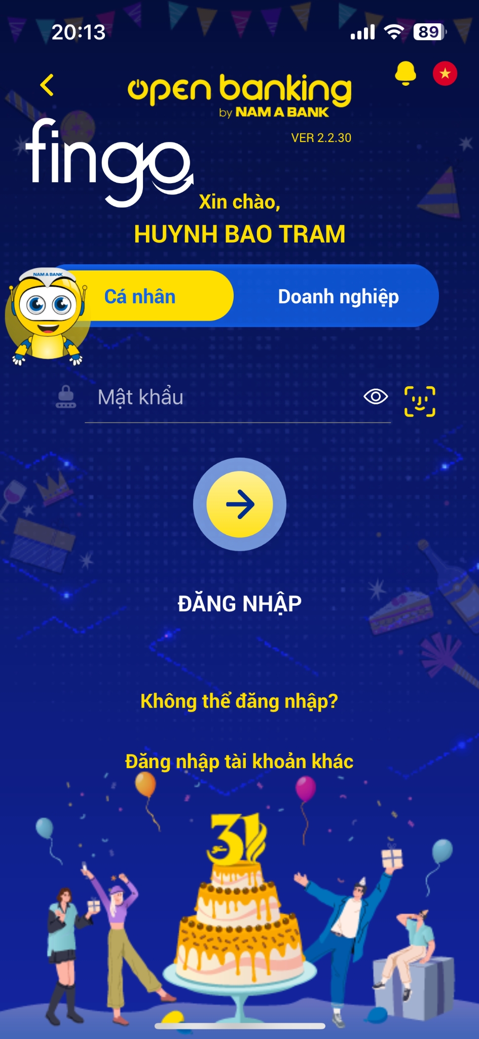 Quên mật khẩu Nam A Bank và cách xử lý bước 1