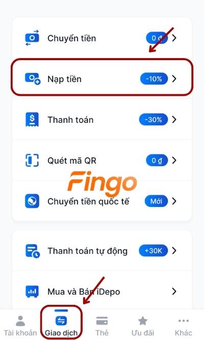 Đăng nhập ứng dụng MyVIB. Tại menu chọn Giao dịch. Sau đó chọn mục Nạp tiền