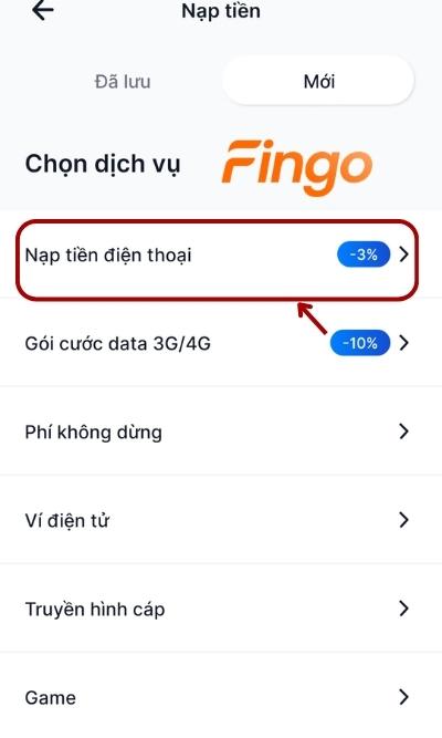 Tại màn hình, khách hàng chọn mục Mới. Sau đó chọn Nạp tiền điện thoại