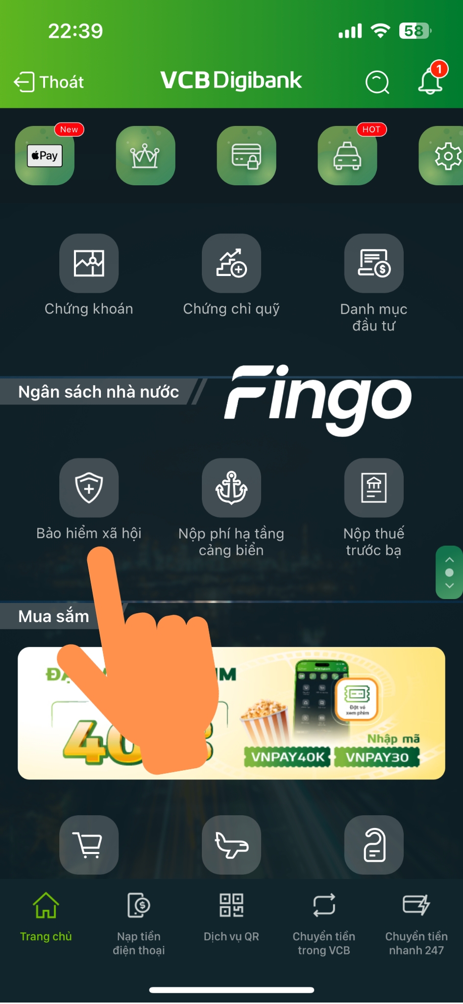Cách nộp tiền bảo hiểm xã hội qua Vietcombank bước 1