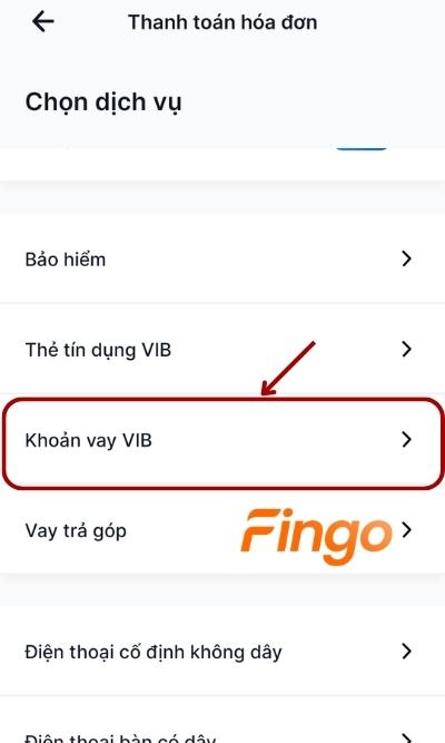 Tại mục Thanh toán hóa đơn, chọn mục Khoản vay VIB
