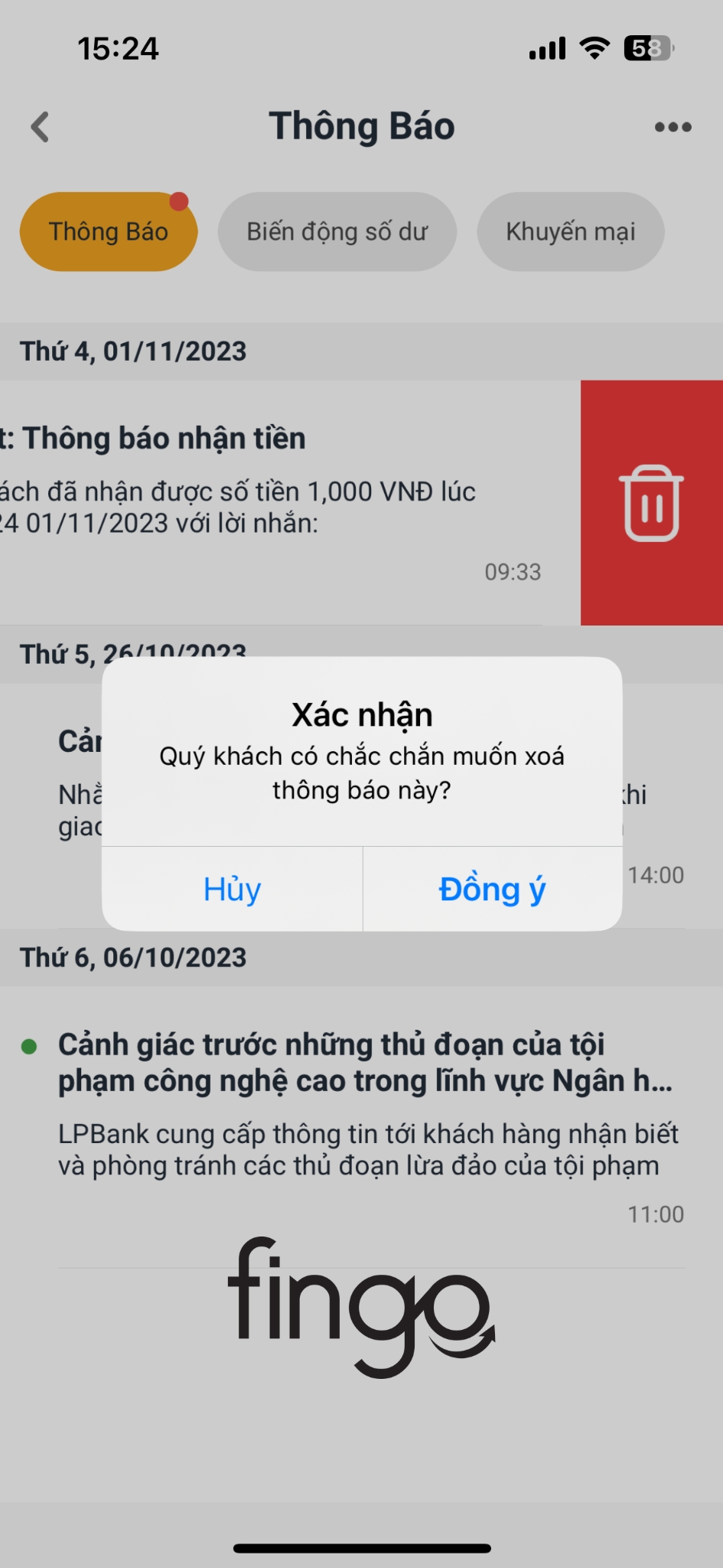 Cách xóa lịch sử giao dịch LPBank bước 4