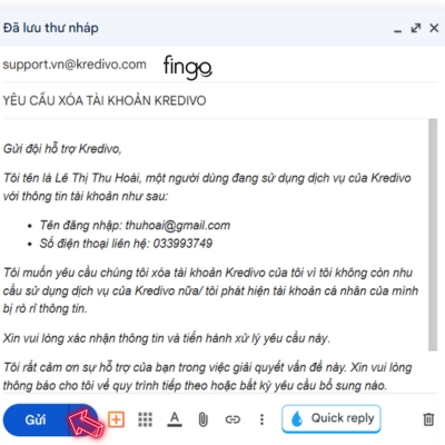 Soạn thông tin và nhấn gửi email cho đơn vị hỗ trợ