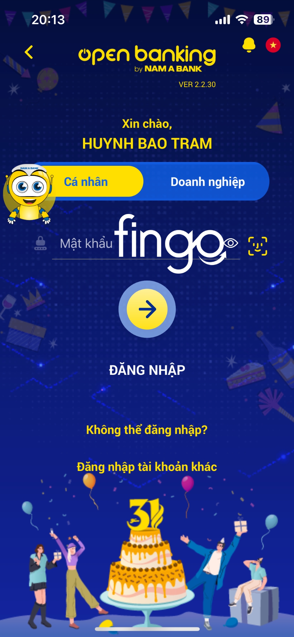 Cách xử lý khi quên tên đăng nhập Nam A Bank bước 1