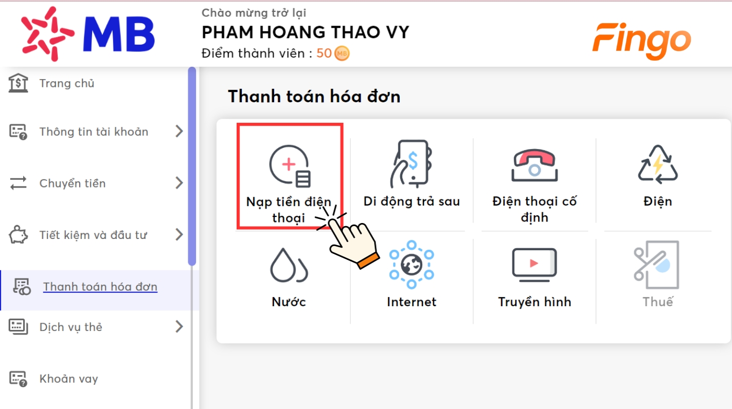 Chọn vào mục "Nạp tiền điện thoại"
