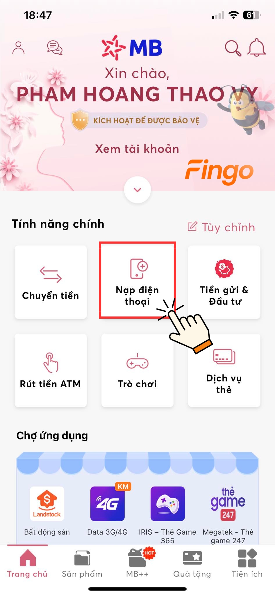 Chọn vào mục "Nạp tiền điện thoại"