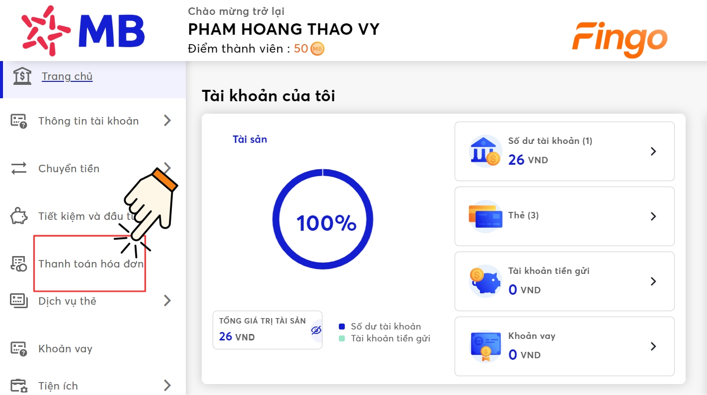 Chọn vào mục "Thanh toán hóa đơn"
