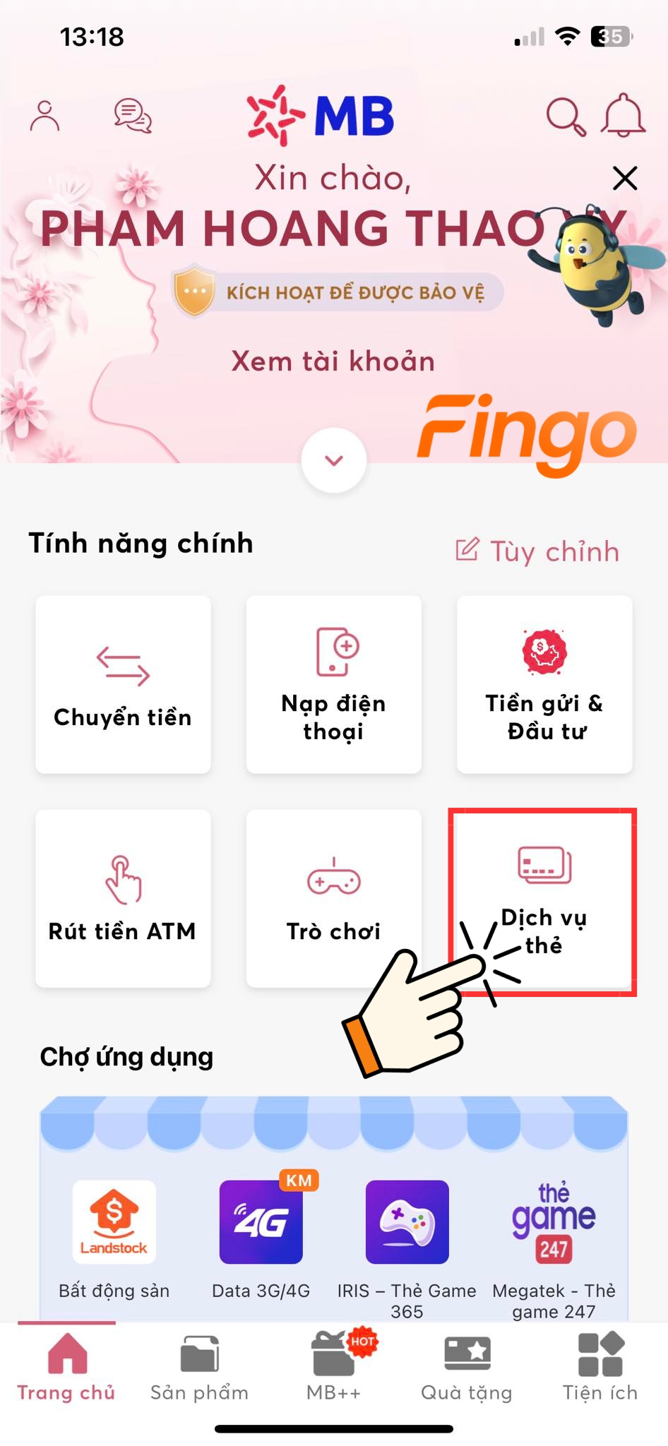 Chọn vào mục "Dịch vụ thẻ"