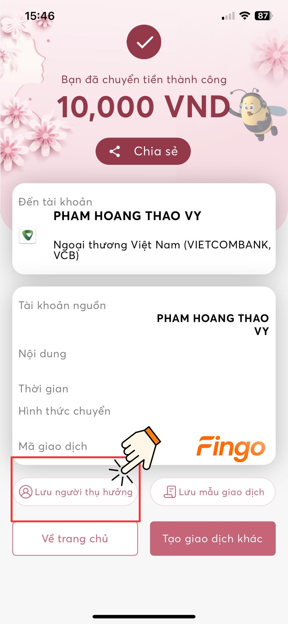 Chọn vào mục "Lưu người thụ hưởng"