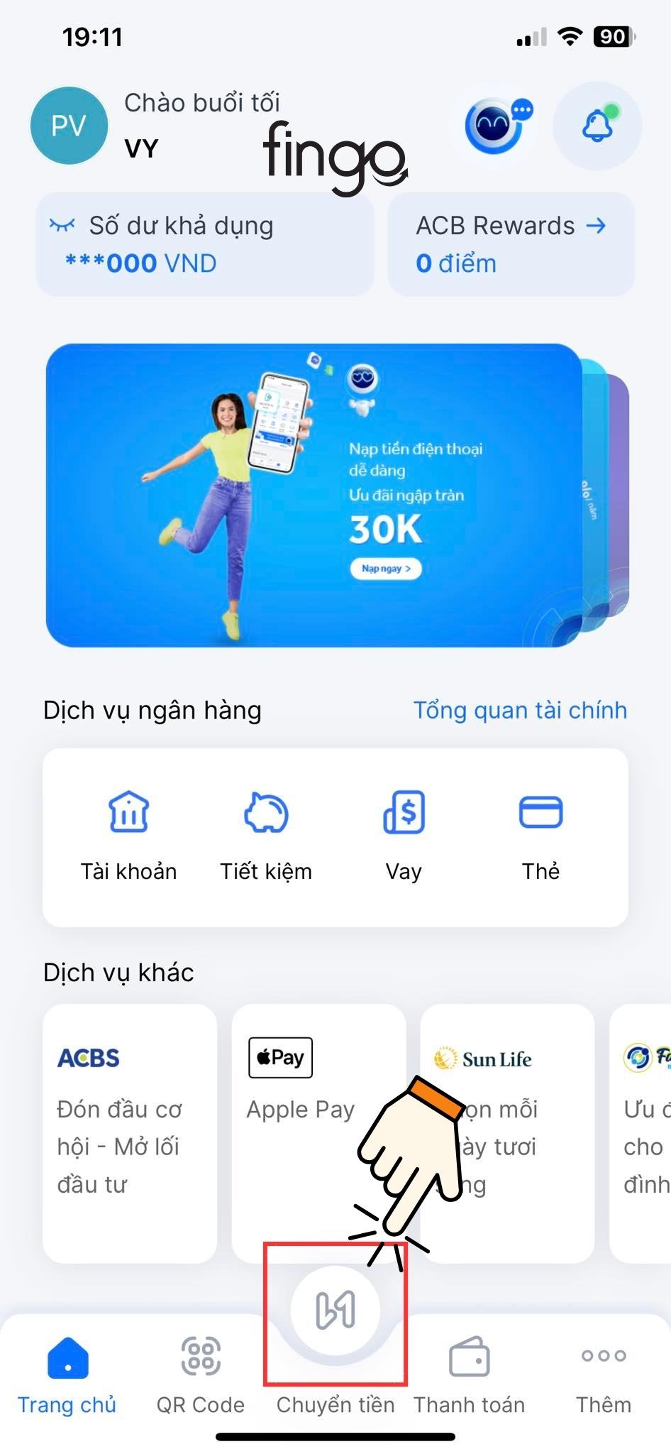 Chọn vào mục "Chuyển tiền"
