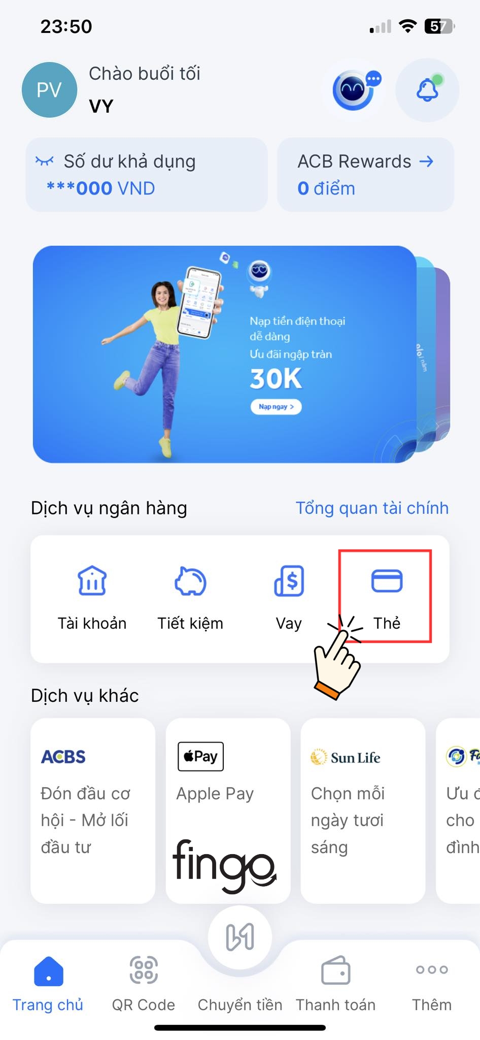 Chọn vào mục "Thẻ"