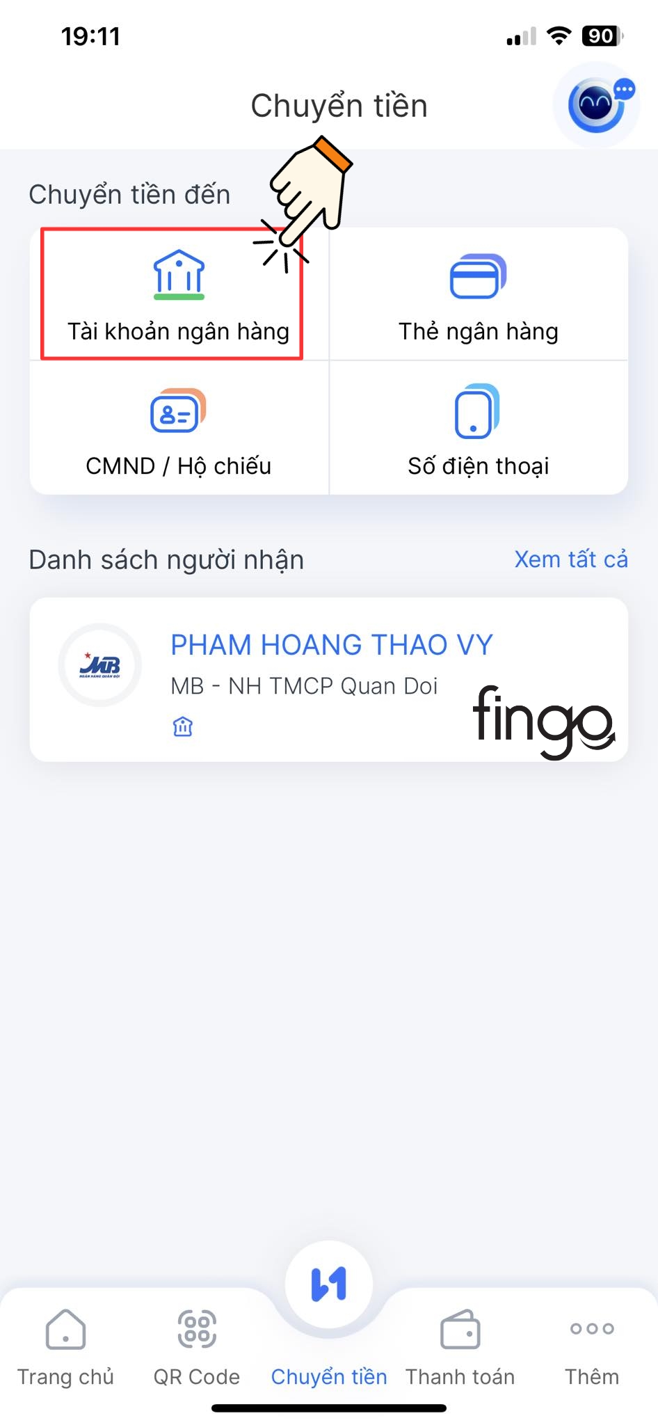 Nhấn vào mục "Tài khoản ngân hàng"
