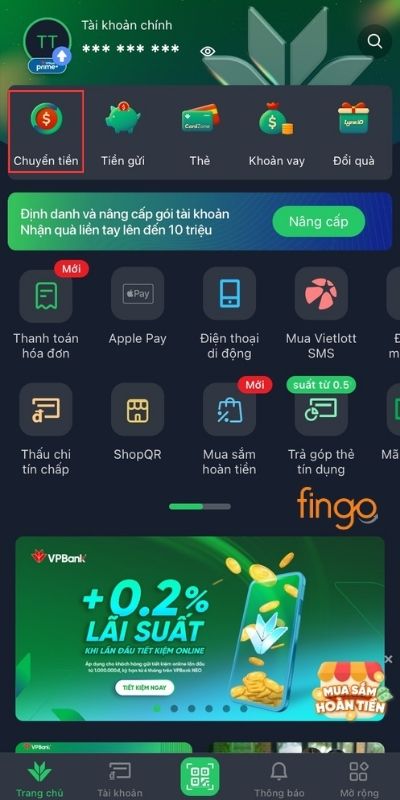 Chọn tính năng Chuyển tiền
