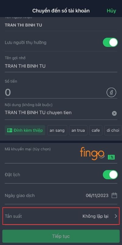Chọn tần suất chuyển tiền định kỳ VPBank