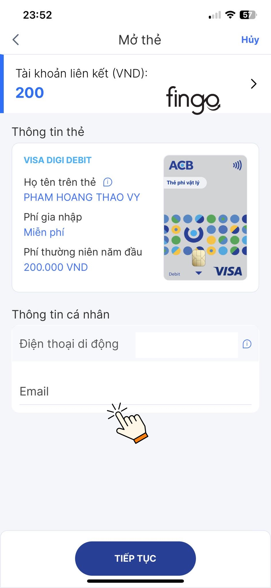 Nhập địa chỉ Email và chọn tài khoản liên kết thẻ