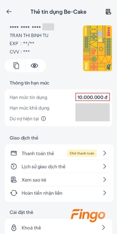 Hạn mức tín dụng thẻ Cake sẽ được hiển thị ngay trên màn hình
