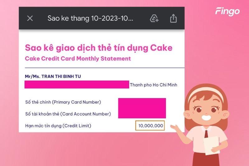 Kiểm tra hạn mức thẻ tín dụng Cake trên sao kê